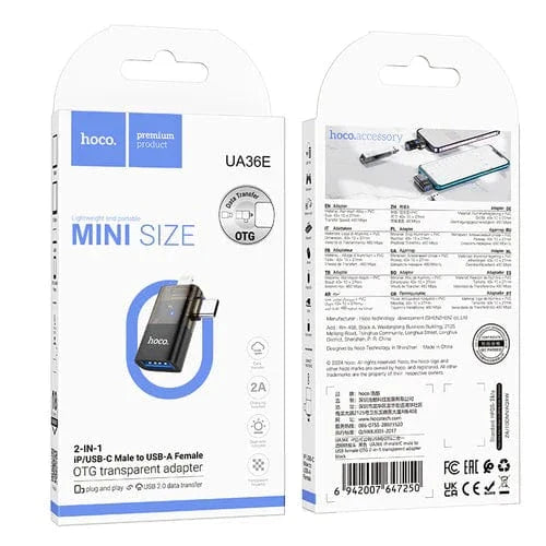 2 in 1 OTG Adaptor w/ Lightning & USB-C male to USB-A female, Plug and Play, Data Transfer