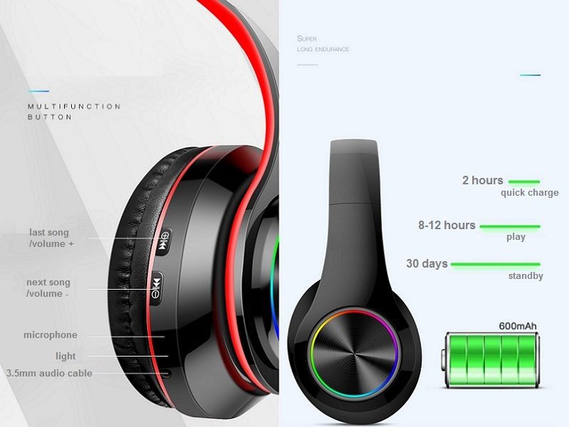 BLUE Wireless bluetooth Headset Headphones Foldable Stereo Earphones LED Super