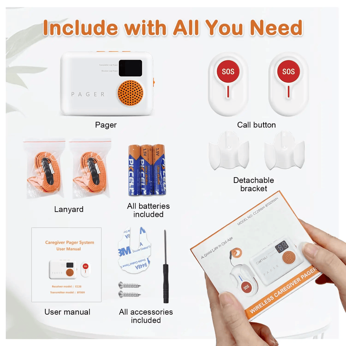 Wireless Caregiver Pager with 2 SOS Buttons (Up to 300mtrs range)