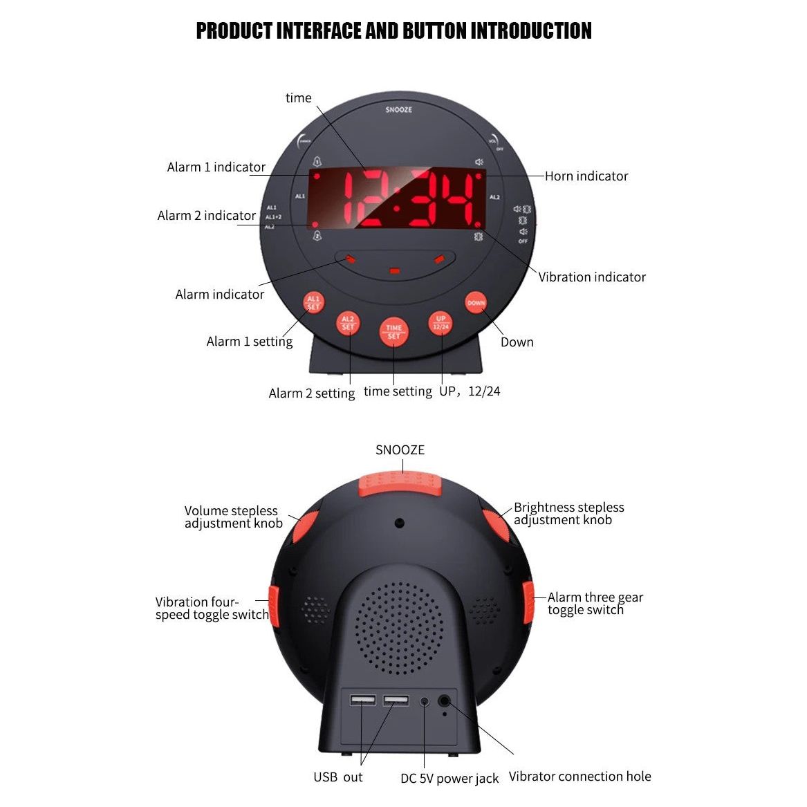 LED Flashing Vibrating Alarm Clock with Bed Shaker (Clearance)